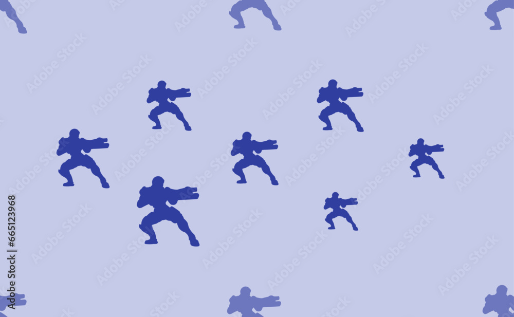 Poster seamless pattern of large isolated blue combat robots. the pattern is divided by a line of elements 