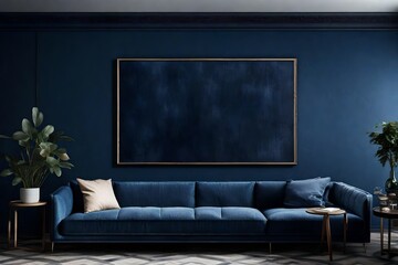 A Canvas Frame for a mockup gracefully positioned above a luxurious dark blue sofa in a modern living room, where soft ambient lights create a play of shadows on the textured wall behind