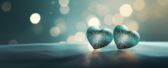Turquoise background with hearts, 14 february, Valentine's Day, wide - obrazy, fototapety, plakaty