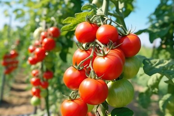 Obraz premium Fresh bunch of red natural tomatoes on a branch in vegetable garden.