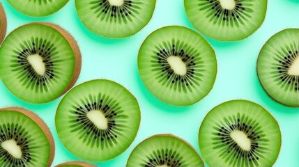 Slices of kiwi fruit and green mint leaves on a light pastel blue background.