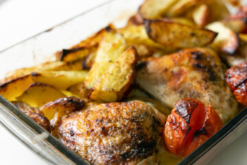 Home cooked food. Fried chicken with potatoes, tomatoes and asparagus.