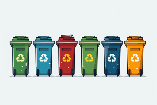 Multicolored trash containers isolated, sorting and recycling trash, illustration