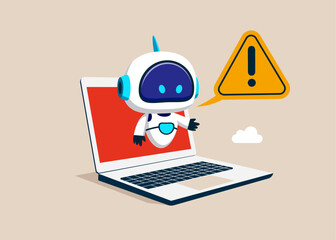 Robot with artificial intelligence says "exclamation attention sign". AI assistant support. Investigate incident and management, analysis. Vector illustration