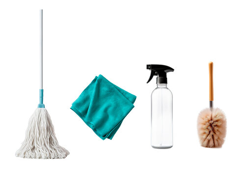 Cleaning set of mop, wiping cloth, spray container bottle and toilet brush over isolates transparent background