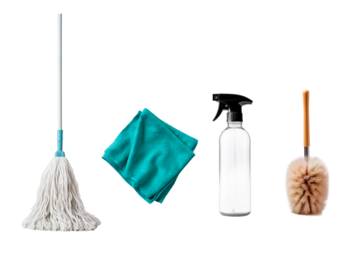 Cleaning set of mop, wiping cloth, spray container bottle and toilet brush over isolates transparent background