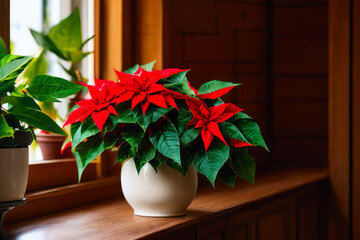 Digital photo of a bright red poinsettia and the verdant green foliage surrounding it, as it basks in the soft light of an indoor plant stand. Wildlife concept of ecological environment