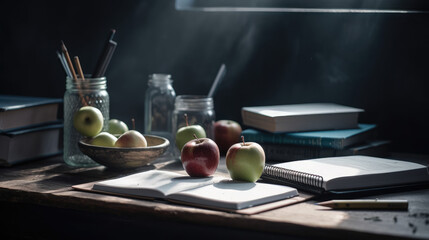 Close up view of study table with opened books, pencils and apple on white desk with chalkboard wall background. - obrazy, fototapety, plakaty