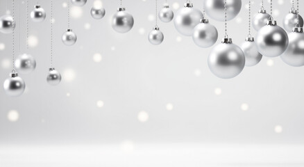Um elegante banner prateado decorado com bolas de Natal penduradas. - obrazy, fototapety, plakaty