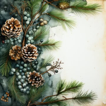 Floral composition with pine trees, berries, eucalyptus in a traditional bright color palette. Christmas card in watercolor