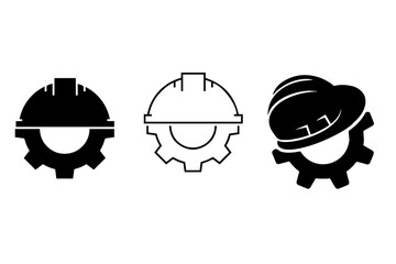 Construction helmet on the gear icons set. Construction, labor and engineering symbols. Helmet and gear flat or line icon