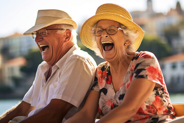 Photograph of an elderly couple laughing happily.