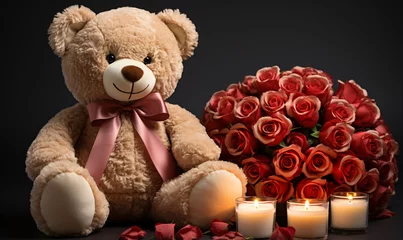 Fotobehang Teddy bear with a pink bow sitting next to a heart-shaped bouquet of red roses and white candles in glass holders against a black background. © Arma Design