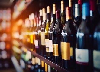 Abstract blur wine bottles on liquor alcohol shelves in supermarket store background.