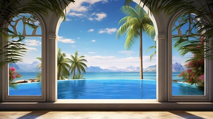  a painting of a pool and palm trees is shown through an open window.  generative ai