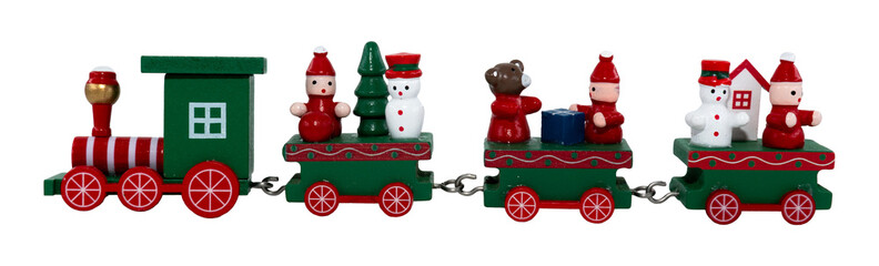 Christmas wooden toy train with snowmen on a white background. New Year's toy train
