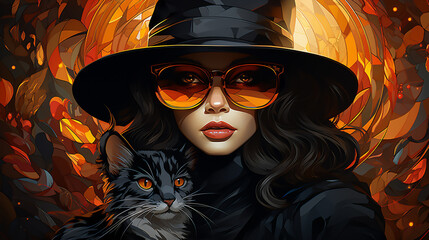 Portrait of a beautiful girl in a black hat and sunglasses.