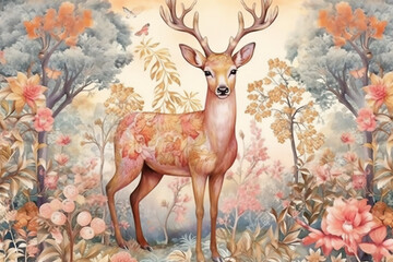 Portrait of a deer with antlers and flowers.