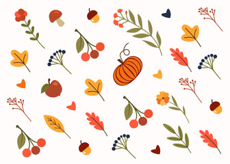 Autumn background with leaves, acorns, mushrooms, twigs, flowers in vector. Flat style.