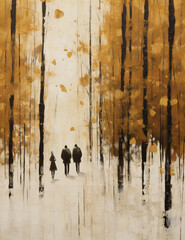 Embossed Textured Canvas Art Featuring Silhouettes of People and Trees in Gold, Black, and Cream