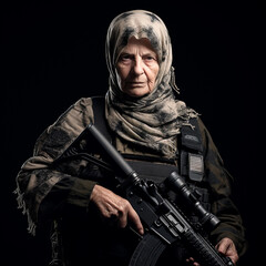 Fototapeta premium An old female soldier in a real battle in full armor. Black background. War.