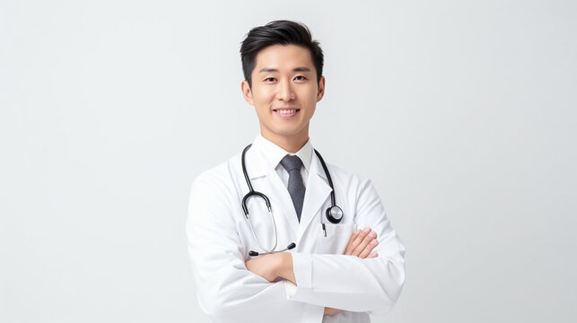 portrait asian male doctor with the arms crossed on a white background