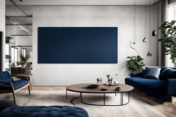 A Canvas Frame for a mockup, drawing the gaze in a spacious modern living room, with a dark blue sofa facing a minimalist fireplace, creating a cozy ambiance