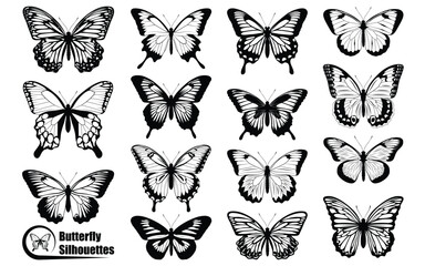 Black monochrome Butterfly Silhouettes Vector art - obrazy, fototapety, plakaty