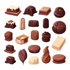Fototapeta premium Chocolate candy collection in flat design isolated on white. Collection of different types of chocolates.