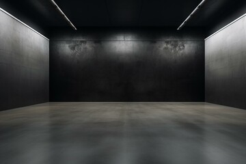 Empty gallery featuring a black wall and concrete floor. Generative AI - obrazy, fototapety, plakaty