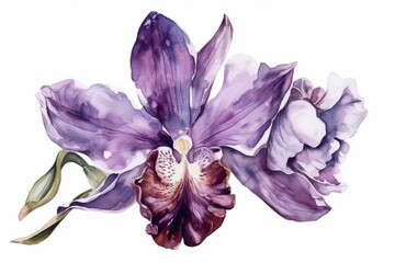 Watercolor isolated orchid with petals. Botanical herbaria. Purple dry flower for sticker or card. Clipart for wallpaper or wrapping. Exotic sketchbook element. Generative AI
