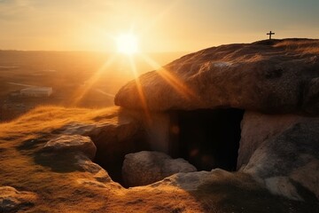 Resurrection of Jesus on Easter Sunday at dawn, with the empty tomb in the backdrop of the crucifixion. Joyful symbol of Christian faith. Generative AI
