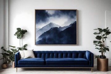 A Canvas Frame for a mockup leaning with casual elegance against a white wall in a modern living room, with the velvety texture of a dark blue sofa in the foreground offering a tactile contrast