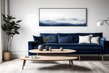 A Canvas Frame for a mockup leaning with casual elegance against a white wall in a modern living room, with the velvety texture of a dark blue sofa in the foreground offering a tactile contrast