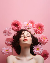 Naklejka premium Portrait of beautiful young woman, brunette, perfect skin, floral background
