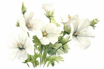 Delicate white watercolor illustration of musk mallow flowers. Generative AI - obrazy, fototapety, plakaty