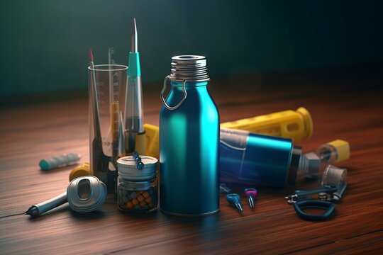 3D rendered image of water bottle with tools. Generative AI