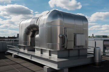 Large shiny steel duct system on flat roof with condensing unit in mechanical penthouse. Building engineering for air cooling. Background: gas shortage in Europe. Generative AI