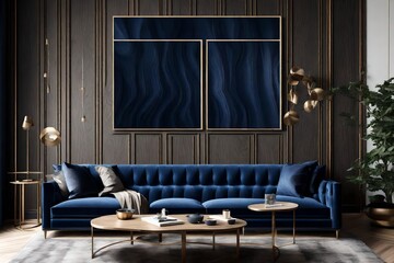 A Canvas Frame for a mockup ensconced within wooden panels in a modern living room, with the luxe sheen of a dark blue sofa reflecting the room's opulence
