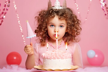 Cute little girl blowing candles on her birthday cake