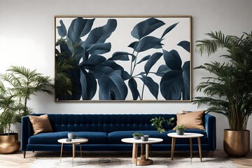 A Canvas Frame for a mockup in a modern living room where the central motif is a sumptuous dark blue sofa, framed by tall indoor plants and mid-century modern accents