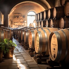 Wine Barrels in a Rustic Cellar