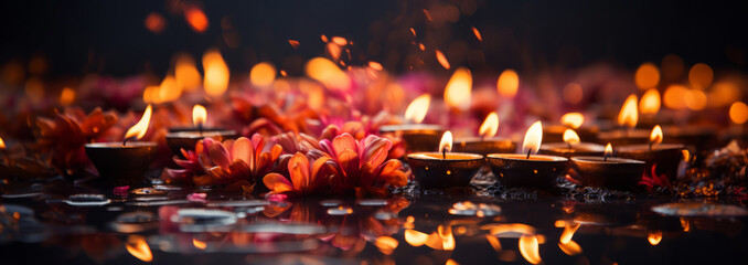 Diwali festival background, candles and flowers, Hindu festival of light. - obrazy, fototapety, plakaty
