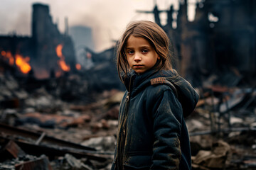 A child against the background of a destroyed city. Solid ruins, no future. The concept of war in our time - obrazy, fototapety, plakaty