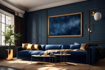 An atmospheric portrayal of a Canvas Frame for a mockup in a modern living room, where the rich dark blue sofa is illuminated by the golden hour sun streaming in from large windows