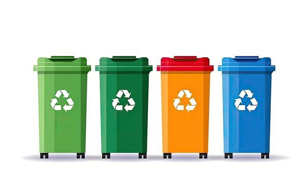 Zero waste concept, trash in recycling container, illustration of four waste containers with white recycle symbol on white background. 