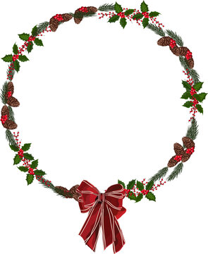 Christmas wreath illustration on transparent background.