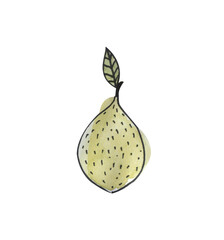 Lemon with a graphic black outline in yellow
and a green leaf, a juicy watercolor illustration