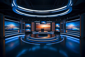 Television studio, Studio news with a large screen in the middle, Tv news studio. - obrazy, fototapety, plakaty