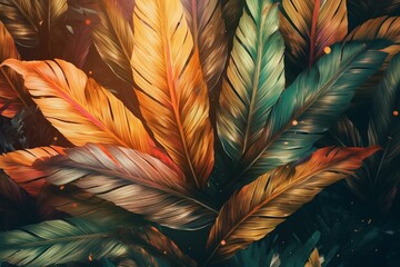 Vintage organic background with colorful golden tropical leaves. Generative AI - obrazy, fototapety, plakaty